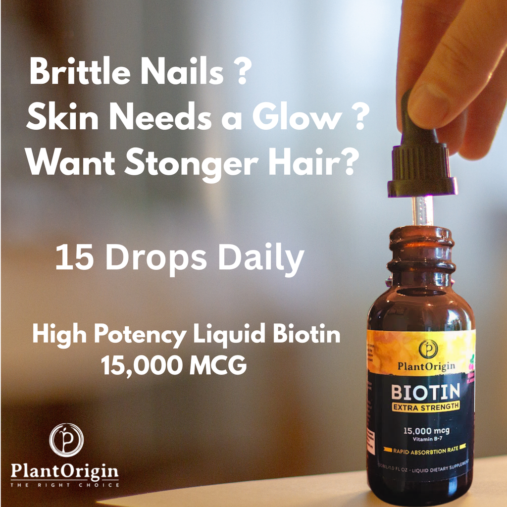 Liquid Biotin 15,000 MCG – Hair Growth, Skin & Nails Support for Women & Men | High Absorption Vitamin B7 Drops | Vegan, Kosher, Sugar-Free, No Alcohol | 60 Servings – PlantOrigin