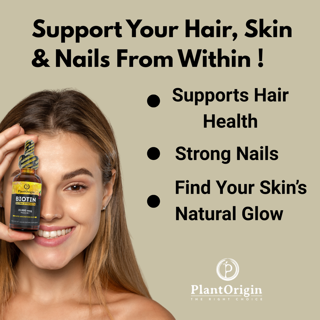 Liquid Biotin 15,000 MCG – Hair Growth, Skin & Nails Support for Women & Men | High Absorption Vitamin B7 Drops | Vegan, Kosher, Sugar-Free, No Alcohol | 60 Servings – PlantOrigin