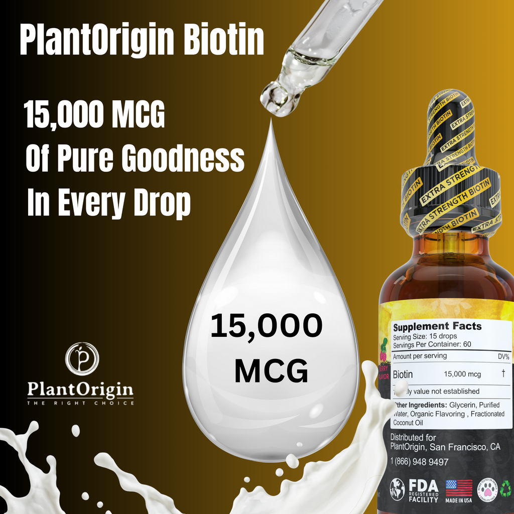 PLANTORIGIN Extra-Strength 15000mcg Biotin Liquid Vitamin Drops - Supports Hair Growth, Glowing Skin & Strong Nails , Alcohol-Free & Kosher, Berry Flavor - 5X Better Absorption, 60 Servings