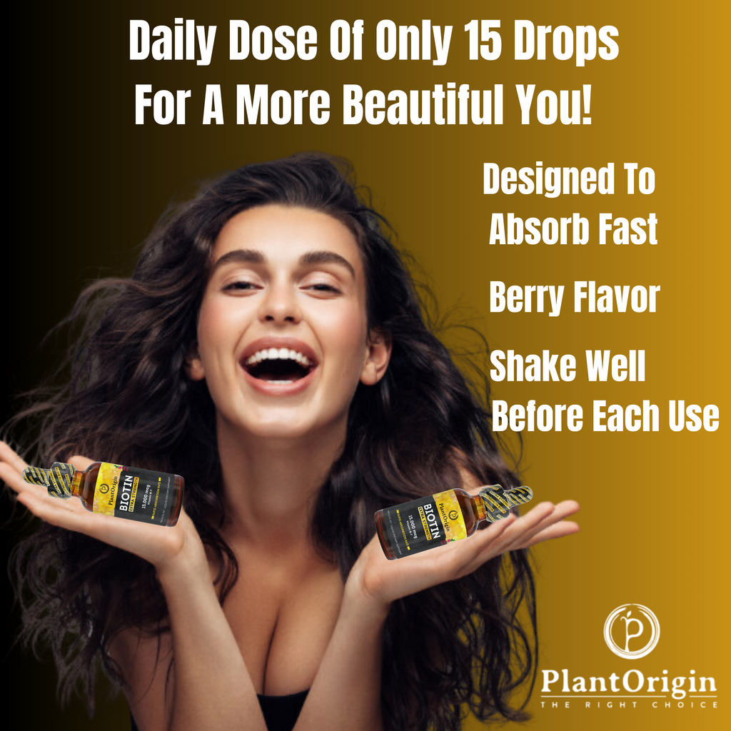 PLANTORIGIN Extra-Strength 15000mcg Biotin Liquid Vitamin Drops - Supports Hair Growth, Glowing Skin & Strong Nails , Alcohol-Free & Kosher, Berry Flavor - 5X Better Absorption, 60 Servings
