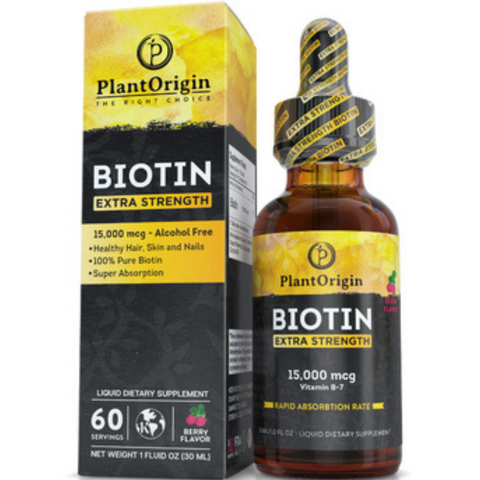 PLANTORIGIN Extra-Strength 15000mcg Biotin Liquid Vitamin Drops - Supports Hair Growth, Glowing Skin & Strong Nails , Alcohol-Free & Kosher, Berry Flavor - 5X Better Absorption, 60 Servings