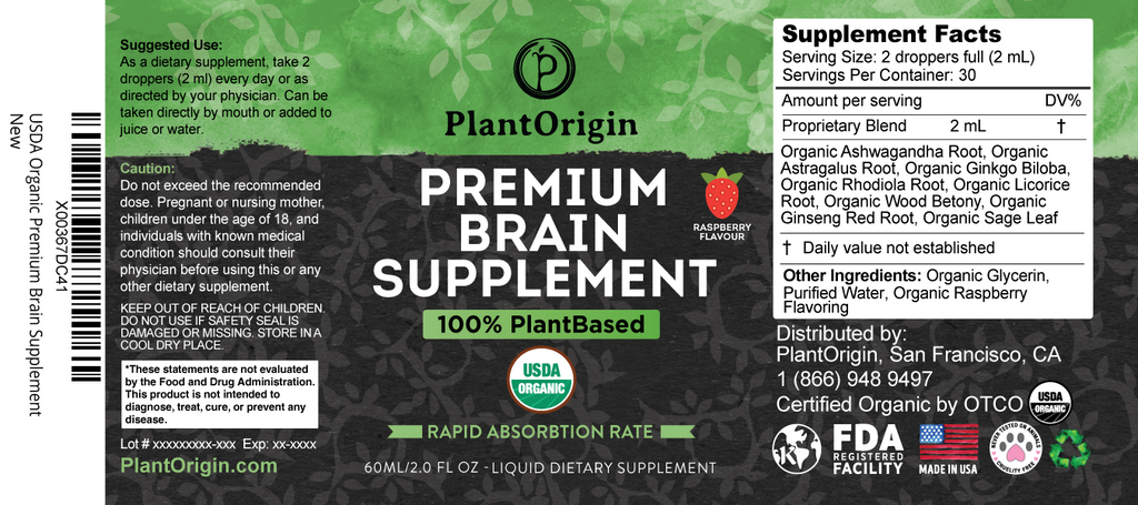 PLANTORIGIN Premium Brain Supplement Drops Memory Focus & Adrenal | Ashwagandha Ginseng & Ginkgo Biloba| USDA Organic Vegan & Non GMO | Gluten Free 30 Servings 2 OZ