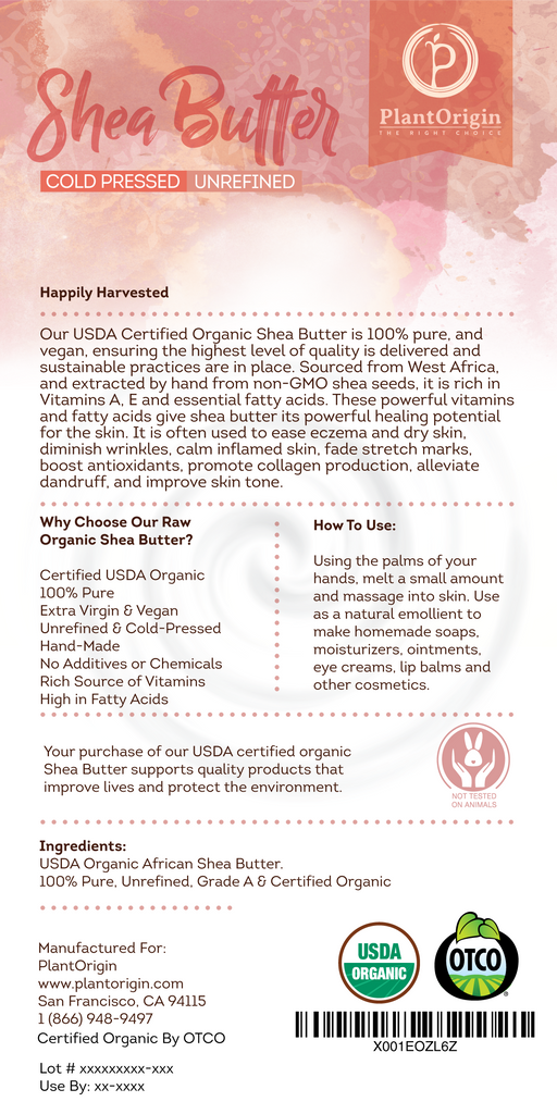 PLANTORIGIN USDA Certified Organic Unrefined Shea Butter