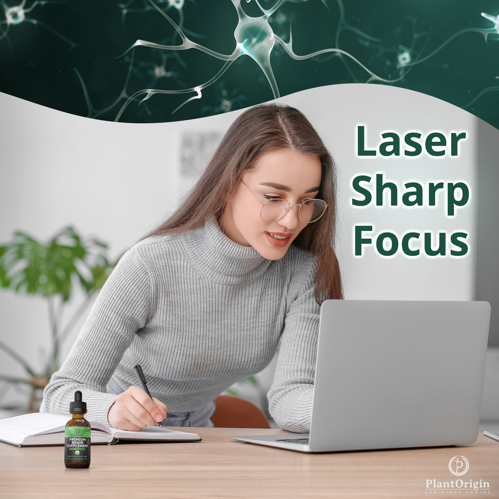 PLANTORIGIN Premium Brain Supplement Drops Memory Focus & Adrenal | Ashwagandha Ginseng & Ginkgo Biloba| USDA Organic Vegan & Non GMO | Gluten Free 30 Servings 2 OZ