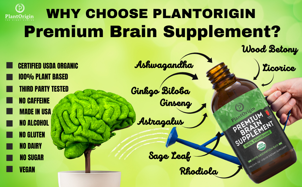 PLANTORIGIN Premium Brain Supplement Drops Memory Focus & Adrenal