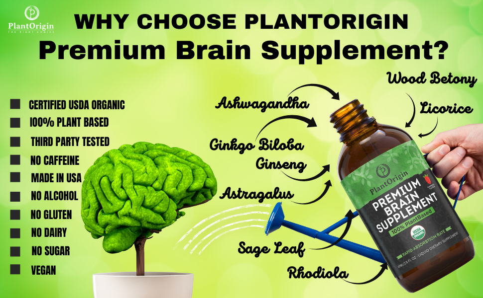 PLANTORIGIN Premium Brain Supplement Drops Memory Focus & Adrenal | Ashwagandha Ginseng & Ginkgo Biloba| USDA Organic Vegan & Non GMO | Gluten Free 30 Servings 2 OZ