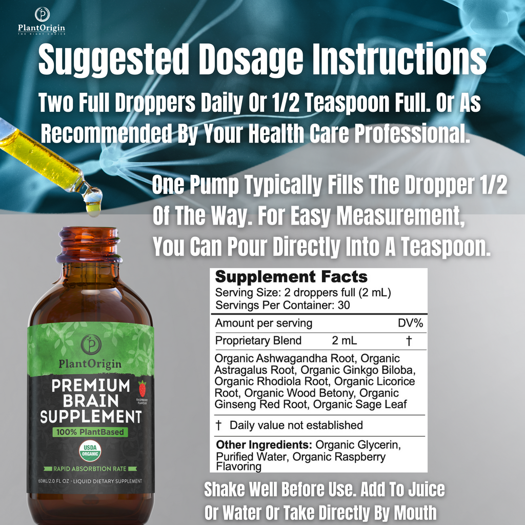 PLANTORIGIN Premium Brain Supplement Drops Memory Focus & Adrenal | Ashwagandha Ginseng & Ginkgo Biloba| USDA Organic Vegan & Non GMO | Gluten Free 30 Servings 2 OZ