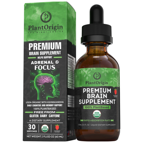 PLANTORIGIN Premium Brain Supplement Drops Memory Focus & Adrenal | Ashwagandha Ginseng & Ginkgo Biloba| USDA Organic Vegan & Non GMO | Gluten Free 30 Servings 2 OZ