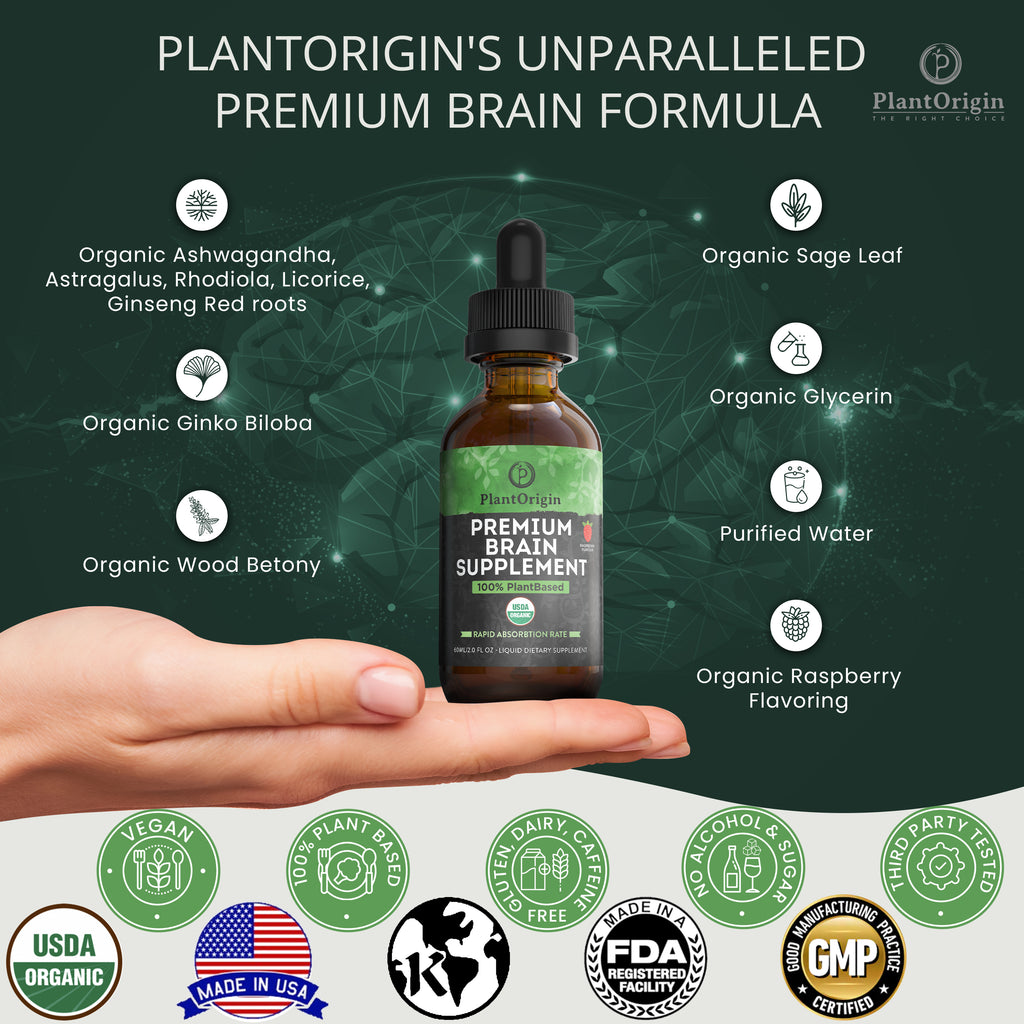 PLANTORIGIN Premium Brain Supplement Drops Memory Focus & Adrenal | Ashwagandha Ginseng & Ginkgo Biloba| USDA Organic Vegan & Non GMO | Gluten Free 30 Servings 2 OZ